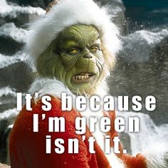 an image of a griny santa clause saying it's because i'm green isn't