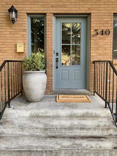 a front door with a planter on the steps