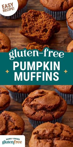 gluten - free pumpkin muffins on a wooden table with text overlay