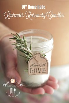 homemade lavender rosemary candle in a jar with the words diy homemade lavender rosemary candles