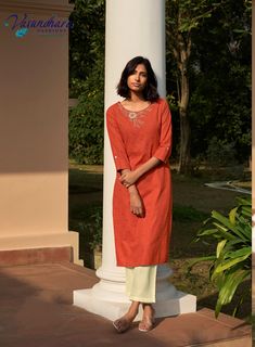 "Kurti: Pure Cotton Stitch Dobby with Heavy Placement Embroideries
 Length: 46\"  Size S: 34\", Size M: 38\", Size L: 40\", Size XL: 42\", Size XXL: 44\"" Spring Resham Embroidery Kurta For Workwear, Spring Workwear Kurta With Resham Embroidery, Spring Orange Cotton Kurta, Spring Orange Kurta With Chikankari Embroidery, Spring Orange Kurta With Floral Embroidery, Fitted Orange Cotton Kurta, Festive Fall Cotton Kurta, Peach Kurti, Embroidery Kurtis