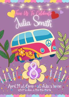 a birthday card for julia smith with an image of a bus and flowers