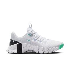 (WMNS) Nike Free Metcon 5 'White Emerald Rise Black' DV3950-101 White Functional Sneakers For Gym, Functional White Gym Sneakers, White Running Shoes With Boost Midsole For Gym, White Athletic Fit Running Shoes For Gym, White Cushioned Running Shoes For The Gym, White Lace-up Sneakers For Gym, Nike White Running Shoes For Workout, White Nike Running Shoes For Workout, White Workout Sneakers With Boost Midsole