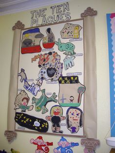 a bulletin board with pictures on it in a child's playroom or bedroom