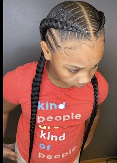 Kids Stitch Braids Cornrows, Kids 2 Braids Hairstyles Black, Dutch Feed In Braids, Feed In Braids Hairstyles For Kids, Kid Stitch Braids, Big Braids For Kids, Toddler Feed In Braids, Kid Feed In Braid Styles, Mixed Girl Hairstyles Kids Braids