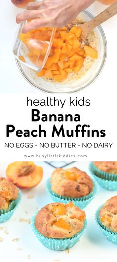 Banana muffins, kids muffins, kids snacks, vegan muffin, peach muffin, healthy muffins, muffins Healthy Peach Muffins, Conscious Plant Kitchen, Egg Free Breakfast, Vegan Peach, Toddler Snack, Peach Muffins, Dairy Free Snacks, Toddler Breakfast, Plant Kitchen