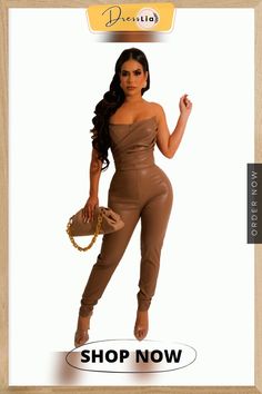 Chic Strapless Leather Pu Elegant Jumpsuits Chic Faux Leather Jumpsuits And Rompers For Night Out, Faux Leather Jumpsuits And Rompers For Party, Brown Jumpsuit For Fall Party, Chic Brown Jumpsuits And Rompers For Party, Chic Brown Jumpsuits And Rompers For Night Out, Brown Jumpsuit For Night Out In Spring, Trendy Brown Jumpsuit For Night Out, Trendy Brown Jumpsuits And Rompers For Night Out, Tube Top Jumpsuit