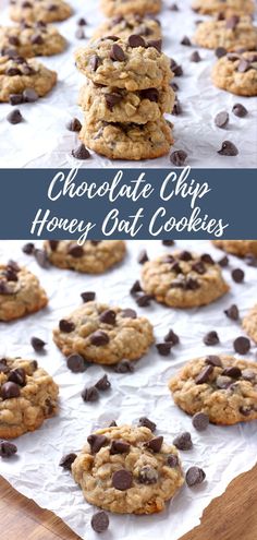 chocolate chip honey oat cookies stacked on top of each other with the title above it