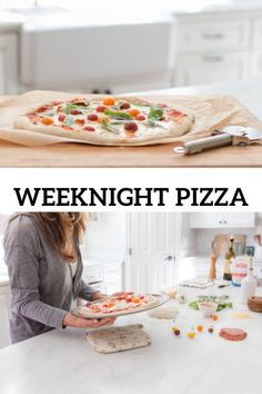 a woman is making a pizza in the kitchen and it's time to bake