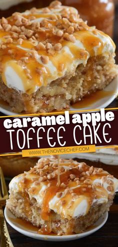 caramel apple toffee cake on a white plate with the title above it