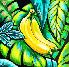 a painting of bananas and leaves on a black background