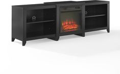 a black entertainment center with a fire in the fireplace and two shelves on each side