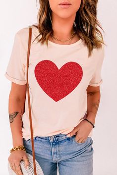 Glitter Heart Graphic T-Shirt Trendsi Shift Pattern, Heart Graphic, Graphic Style, Pink Valentines, Glitter Hearts, Pink Style, Chiffon Long Sleeve, Pink Sequin, Valentine Heart