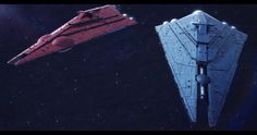 two star wars ships flying in the sky with stars around them and one is red