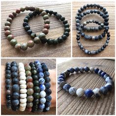 Assorted Men's Beaded Bracelets Made From Various Natural Occurring Stones By Luna Life Design. Can Custom Fit Any Size Wrist. If Interested Pls Leave Comment With Which # 1-8 You Want. If More Than 1 Bracelet In Picture Pls Either List Color Or If Only 2 Indicate A Or B (Left To Right). $15 Each Or 2 For $28 Guys Bracelets, Male Bracelets, Wooden Beaded Bracelets, Beady Eye, Wood Bead Bracelet, Design Accessories, Mens Beaded Bracelets, Men Jewelry, Mens Accessories Jewelry