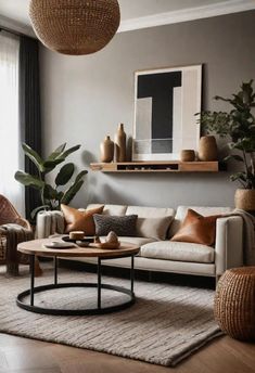 a living room filled with lots of furniture next to a wall mounted art piece and potted plants