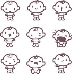 cartoon character set with different expressions and facial expression on white background, line art style