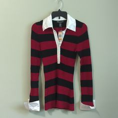 Gorgeous Red And Black Striped Long Sleeve Ribbed Top With A Bit Of Sparkle And 100% Silk White Collar And Cuffs. New With Tags! Flawless. Smoke Free, Kitty Friendly Home. Striped Fitted Top With Ribbed Cuffs, Fitted Striped Top With Ribbed Cuffs, Fitted Striped Tops With Ribbed Cuffs, Black Striped Cuffs Tops For Work, Black Tops With Striped Cuffs For Work, Fitted Long Sleeve Tops With Striped Cuffs, Black Workwear Tops With Striped Cuffs, Long Sleeve Tops With Striped Cuffs For Layering, Long Sleeve Sweater With Striped Cuffs For Work