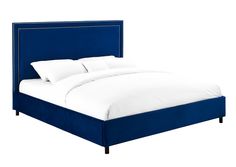 a blue bed with white sheets and pillows on top of the headboard is shown