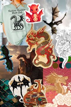 a collage of images with dragon, castle and clouds