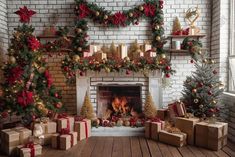 Gatsby Christmas Interior White Brick Fireplace Photography Backdrop Gbsx-00655 - Gatsby Backdrop Christams Fireplace, Christmas By The Fireplace, White Photo Backdrop, Holiday Photo Backdrop, Gatsby Christmas, Fireplace Photography, Fireplace Photo, Holiday Shoot, White Brick Fireplace