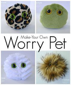 four different types of stuffed animals with the words make - your - own worry pet