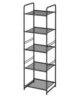 a metal shelf with four shelves on each side