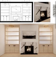 the fireplace is surrounded by built in shelving units