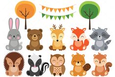 cute woodland animals clipart set with bunting flags and trees in the back ground