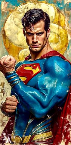 a painting of a man in superman costume with his arms crossed and fists out, looking at the camera