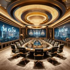 a large conference room with chairs around a round table