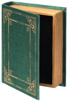 an open green book with gold trimmings on the front and side, sitting in a wooden box