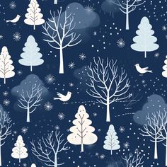 a blue and white winter forest with trees, birds and snowflakes on it