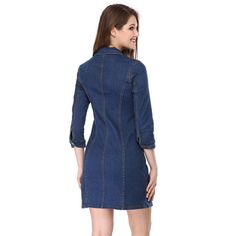 Enliven your wardrobe with this cute denim shirt dress. This piece is cut to a flattering mini length and features a classic collar neckline and the front button placket. It creates a feminine silhouette and is finished with shiny buttons and contrast stitching. Pair it with canvas trainers for the perfect off-duty ensemble. Occasion: holiday, weekend gathering, daily wear, etc. Trendy Button-up Denim Dress For Workwear, Fitted Collared Denim Dress, Collared Denim Blue Shirt Dress For Work, Collared Medium Wash Shirt Dress With Buttons, Fitted Denim Shirt Dress With Buttons, Denim Collared Shirt Dress With Button Closure, Fitted Denim Shirt Dress With Button Closure, Medium Wash Collared Shirt Dress With Buttons, Fitted Denim Blue Shirt Dress With Buttons