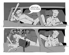 two comics with one being pulled over by the other