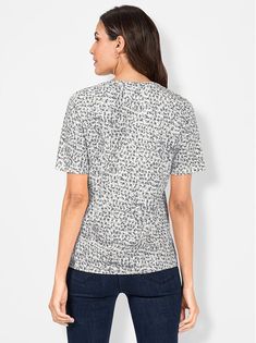 A favorite for everyday wear! Harmonious yet eye-catching patterned top in a soft fabric. Chic rounded neckline with trim and decorative pleat. Length approx. 26 in. 100% cotton. Machine washable. Imported. Rounded Neckline, Basic Shirts, Online Tops, Top Pattern, Print Shirt, Print Top, Sweater Shop, Jeans Shop, Print Tops