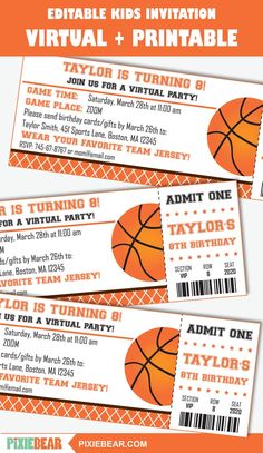 three basketball tickets with an orange and white design