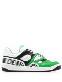 green/black/white panelled design logo print to the side round toe front lace-up fastening logo patch at the tongue flat rubber sole Women's Gucci sneakers fit large. For the most comfortable fit please select half a size down. Modern Green High-top Sneakers With Round Toe, Designer Green Lace-up Sneakers, Modern Green Sneakers With Rubber Sole, Modern Green Lace-up High-top Sneakers, Gucci White High-top Sneakers Sporty Style, Gucci White Sporty High-top Sneakers, Green High-top Sneakers With Contrast Sole For Streetwear, Sporty Gucci White High-top Sneakers, White Sporty Gucci High-top Sneakers