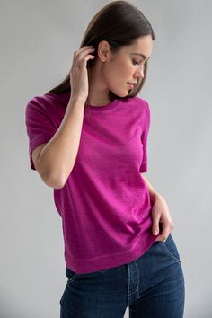 Our best-selling Crew-Neck Sweater Tee has a classic relaxed shape, with body length hitting at the high hip. It is knitted in semi-sheer luxury alpaca silk with self-yarn cover stitch details—the most elevated luxury tee you'll own. 70% Baby Alpaca 30% Silk Ultra lightweight fabric Dry clean only Made in Peru Classic Wool Crew Neck Tops, Solid Merino Wool Fine Knit Tops, Solid Fine Knit Merino Wool Tops, Fine Knit Solid Merino Wool Tops, Wool Crew Neck Tops For Layering, Cashmere Crew Neck Knit Top, Relaxed Fit Merino Wool Tops For Work, Classic Relaxed Fit Fine Knit Top, Classic Fine Knit Relaxed Fit Top