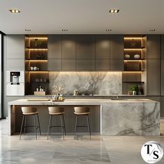 a kitchen with marble counter tops and bar stools