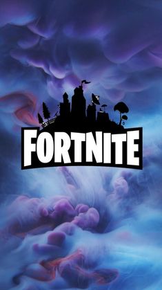 the fortnite logo is shown in front of an image of clouds and buildings