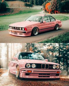 two pictures of a pink car parked on the side of a road with trees in the background