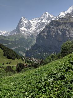 the mountains are covered in snow and green vegetation