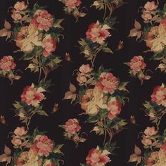 a black background with pink and yellow flowers on it's side, all over