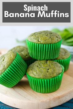 spinach banana muffins on a cutting board with the title in the middle