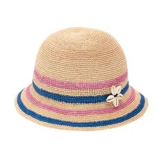 a straw hat with blue, pink and white stripes on the brimmings