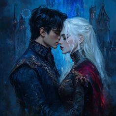 a painting of a man and woman kissing in front of a castle with blue lights