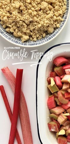 two bowls filled with crumble toppings next to sliced rhubarb stalks