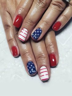 Multicolor  Collar    Color Nails Embellished   Nail,Hand & Foot Care Red White And Blue Nails, White And Blue Nails, Press Nails, Pentagram Design, Fourth Of July Nails, Star Nail Art, Nail Art Set