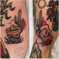 two different tattoos on the legs of people with cactus and sombrero tattoo designs